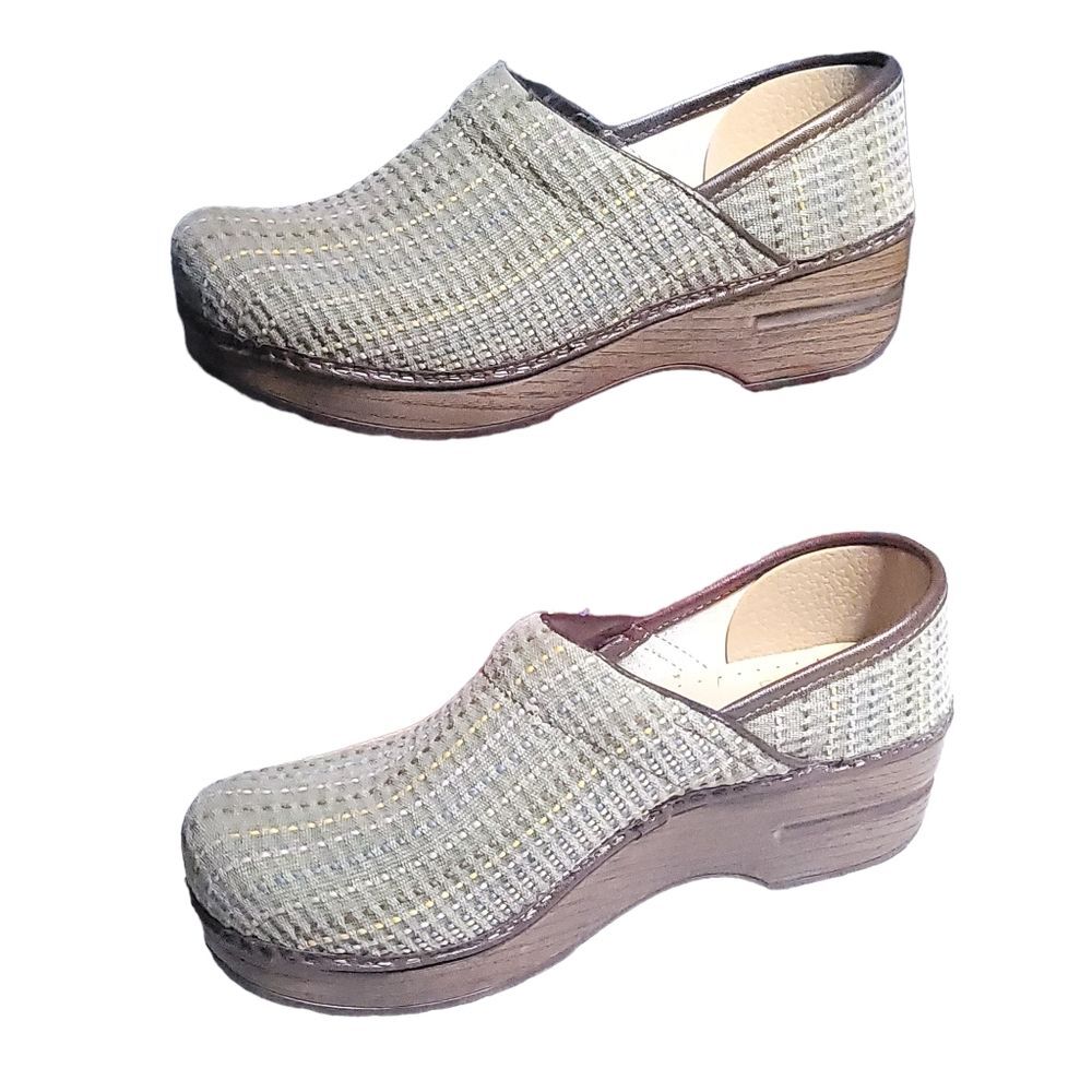 Dansko Women's Green Canvas Fabric Polka Dot Stripe Clogs Slip On Mules size 37